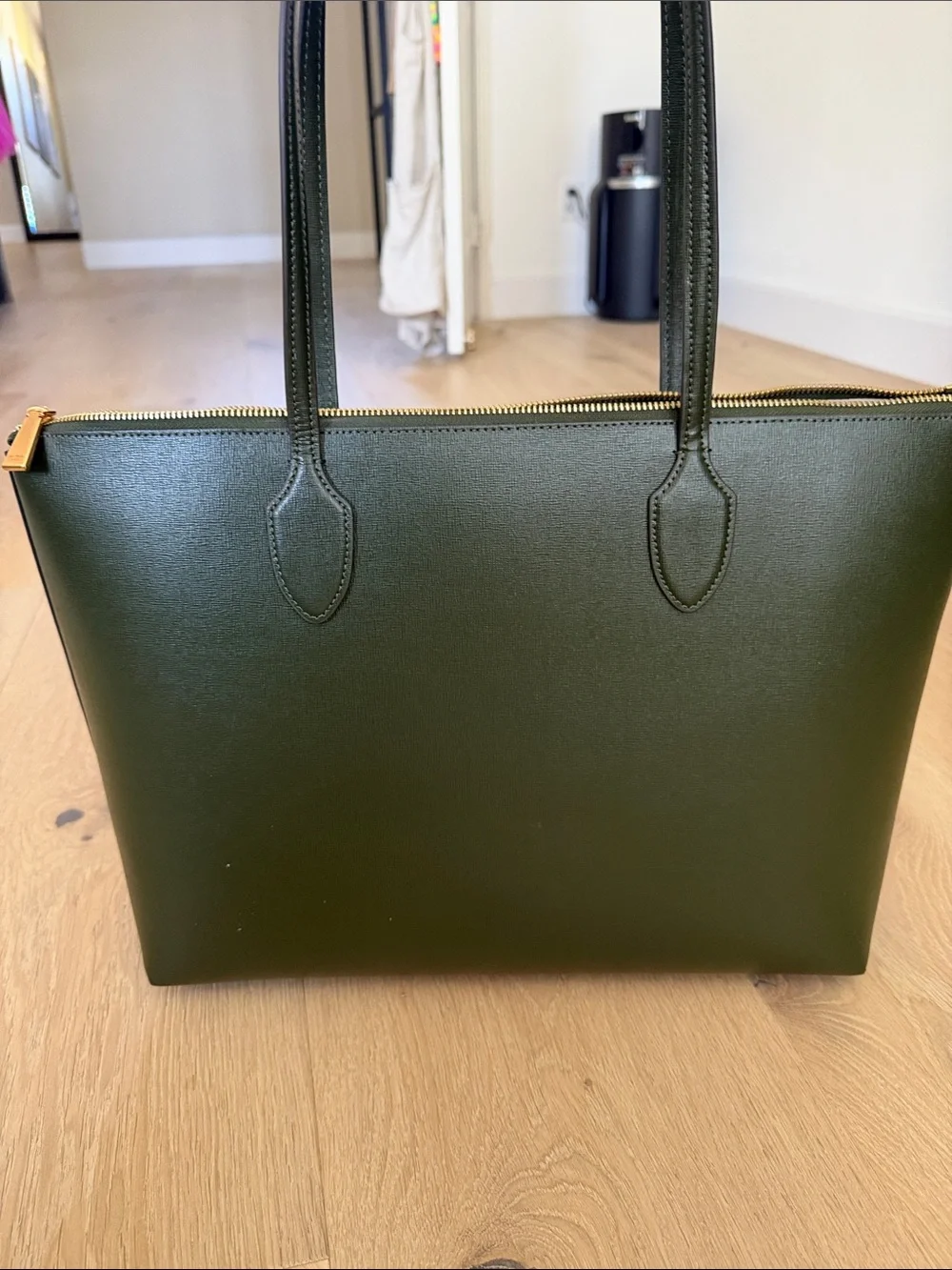 kate spade olive green Saffiano leather tote with gold logo